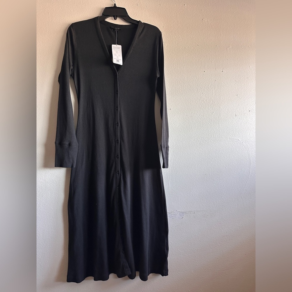 J. Crew Black Long-Sleeve Button-Front Ribbed Knit Midi Dress NWT